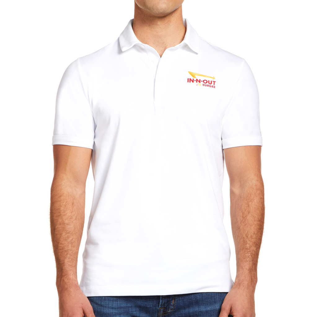 front of Men's White Performance Polo