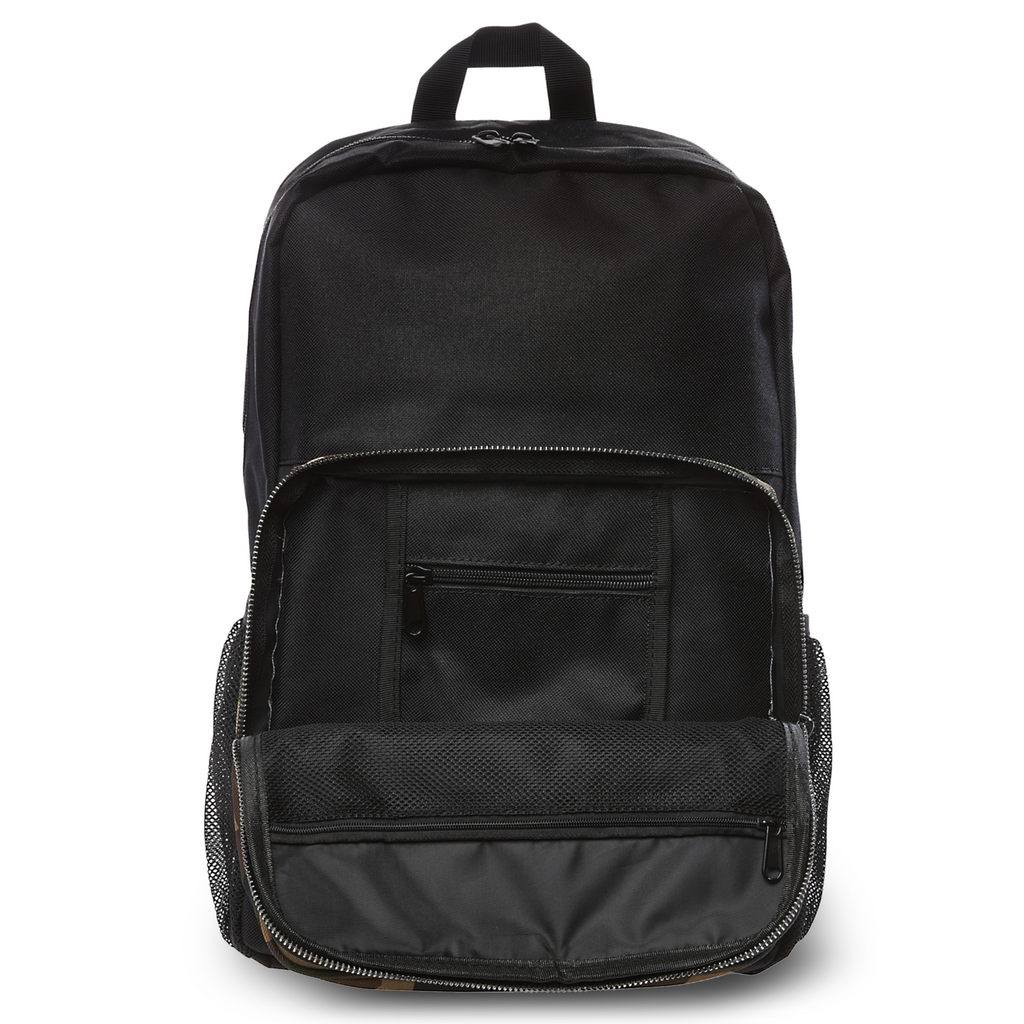 camo backpack front pocket opened